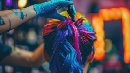 A professional hairstylist applying vibrant hair dye to a client's hair in a modern salon.の素材