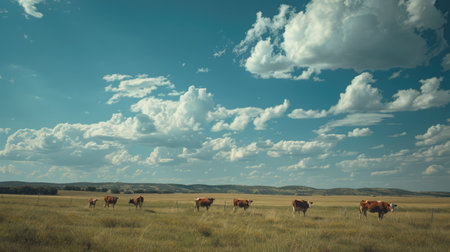 A peaceful field with grazing cattle under a wide, open sky.の素材