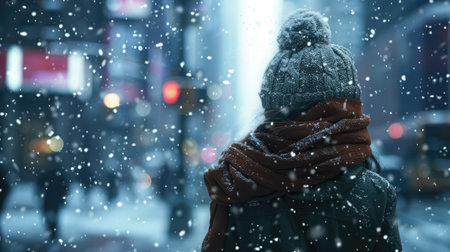 A person wrapped in a warm scarf and hat, walking through a snowy city street.の素材