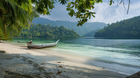 A quiet lagoon with a sandy beach and a small boat moored nearby, perfect for relaxation.の素材
