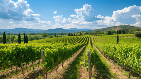 A picturesque field with rows of grapevines stretching out under a sunny sky.の素材
