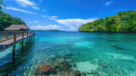 A picturesque lagoon with a wooden dock extending into the clear, calm water.の素材