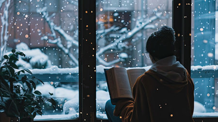 A person sitting by a large window, watching the snow fall outside with a book in hand.の素材