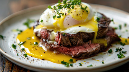 Juicy steak topped with a poached egg and hollandaise sauce for a decadent brunchの素材
