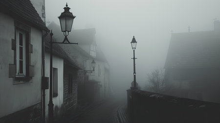 A quiet street in a foggy village, with houses and lampposts shrouded in mist.の素材