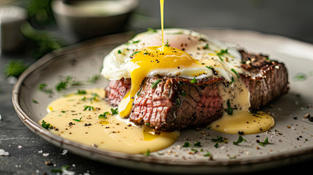 Juicy steak topped with a poached egg and hollandaise sauce for a decadent brunchの素材