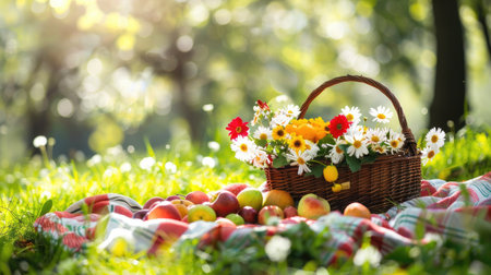 A picnic basket filled with fresh fruit and flowers on a blanket in a sunny park.の素材