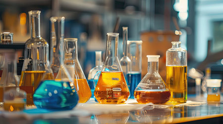 Laboratory glassware with colorful chemicals on a workbenchの素材