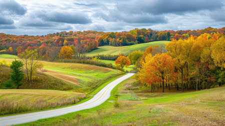 A picturesque fall landscape with a winding road through rolling hills covered in colorful foliage.の素材