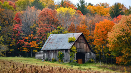A picturesque fall landscape with a rustic barn surrounded by colorful trees.の素材