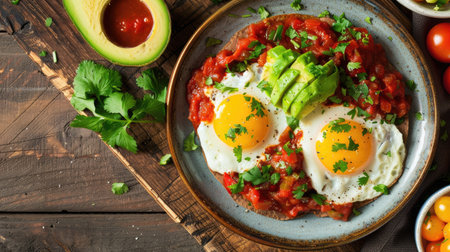 A plate of huevos rancheros with eggs, salsa, and avocado on a rustic wooden table.の素材