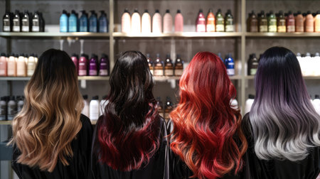 A professional hair colorist showcasing different hair dye brands and products.の素材