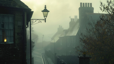 A quiet street in a foggy village, with houses and lampposts shrouded in mist.の素材