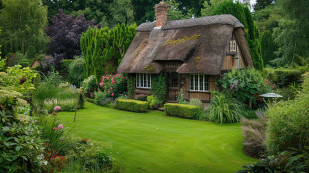 A rustic garden house with wooden beams and a thatched roof, situated in a beautifully manicured garden.の素材