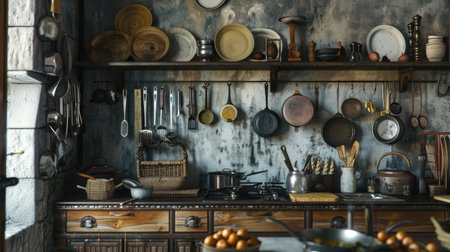 A rustic kitchen with a variety of utensils hanging from a wrought iron rack.の素材