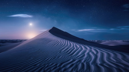 A sand dune illuminated by the moonlight in a quiet desert night.の素材