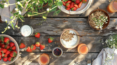 A rustic wooden table with a breakfast spread including fresh fruit, yogurt, and granola.の素材