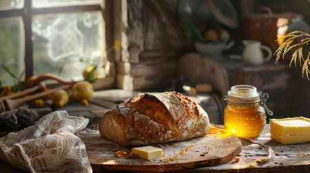 A rustic breakfast scene with a loaf of homemade bread, butter, and a jar of honey.の素材