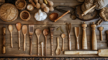 A rustic kitchen scene with wooden utensils such as spoons and rolling pins displayed on a wooden table.の素材