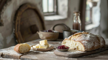 A rustic breakfast setting with freshly baked bread, butter, and homemade jam.の素材