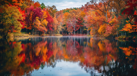 A scenic view of a lake surrounded by trees in full fall colors with reflections in the water.の素材