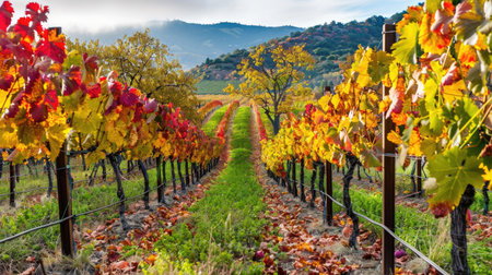 A scenic view of a vineyard in fall with rows of grapevines and colorful leaves.の素材