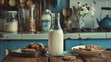 A rustic kitchen scene with a glass of milk, a jar of cookies, and a milk bottle.の素材