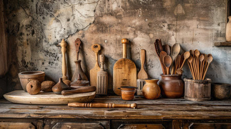 A rustic kitchen scene with wooden utensils such as spoons and rolling pins displayed on a wooden table.の素材