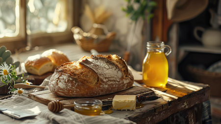 A rustic breakfast scene with a loaf of homemade bread, butter, and a jar of honey.の素材