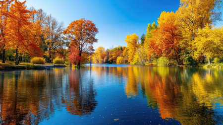 A scenic view of a lake surrounded by trees in full fall colors with reflections in the water.の素材