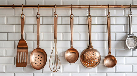 A set of copper kitchen utensils hanging above a white subway tile backsplash.の素材