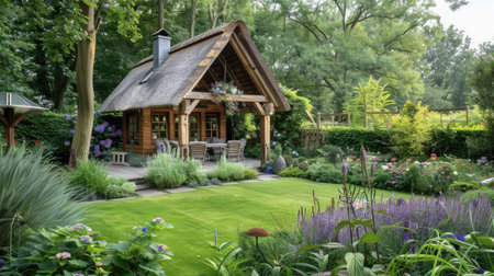 A rustic garden house with wooden beams and a thatched roof, situated in a beautifully manicured garden.の素材
