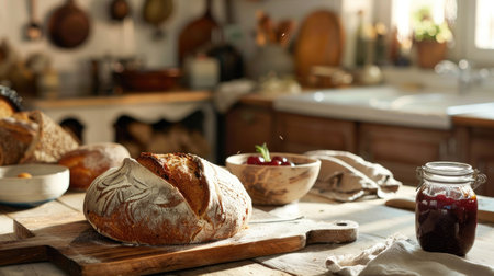 A rustic kitchen scene with a loaf of freshly baked bread and a jar of homemade jam.の素材