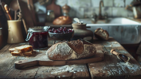 A rustic kitchen scene with a loaf of freshly baked bread and a jar of homemade jam.の素材