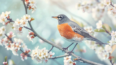 A robin sitting on a blooming tree branch, signaling the arrival of spring.の素材