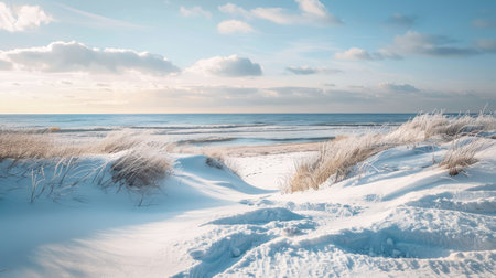 A serene winter beach with snow-covered dunes and a calm sea.の素材