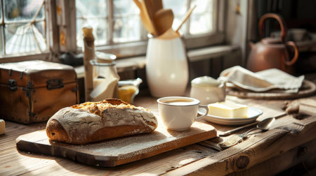 A rustic kitchen counter with freshly baked bread, butter, and a cup of coffee.の素材