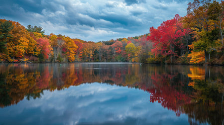 A scenic view of a lake surrounded by trees in full fall colors with reflections in the water.の素材