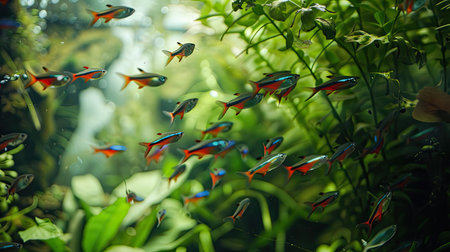 A school of neon tetras darting through a planted aquarium.の素材