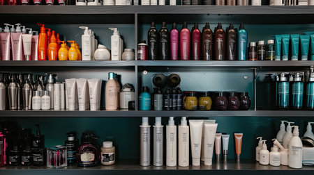 A salon shelf filled with a variety of hair color products and tools.の素材