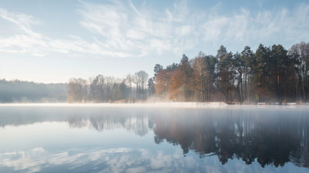 A serene lake covered in a blanket of fog, with trees barely visible in the distance.の素材