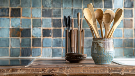 A set of bamboo kitchen utensils in a ceramic holder on a rustic kitchen counter.の素材