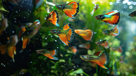 A school of colorful guppies exploring a lush underwater garden.の素材