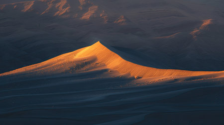 A sand dune lit up by the soft light of the setting sun, with long shadows.の素材