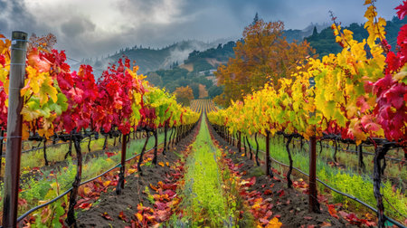 A scenic view of a vineyard in fall with rows of grapevines and colorful leaves.の素材