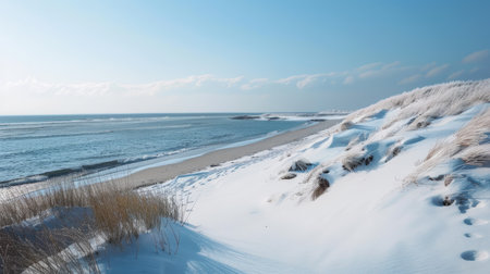 A serene winter beach with snow-covered dunes and a calm sea.の素材