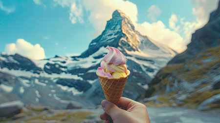 A scenic mountain backdrop with a person holding an ice cream cone in the foreground.の素材