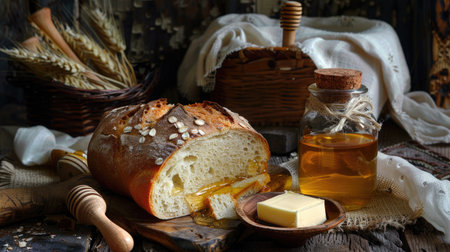 A rustic breakfast scene with a loaf of homemade bread, butter, and a jar of honey.の素材