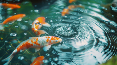 A serene koi pond with brightly colored koi fish swimming gracefully.の素材