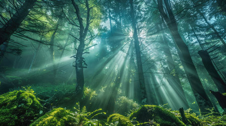 A serene forest with light beams.の素材